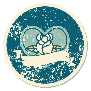 İkonik ıstıraplı dövme stili kalp gülü ve bayrağın görüntüsü 