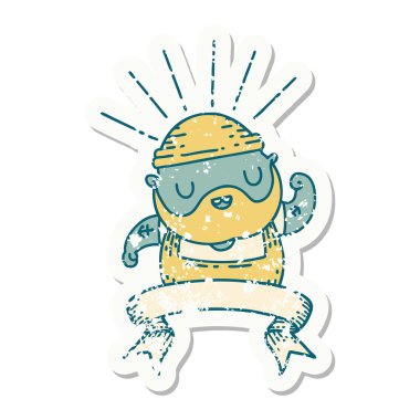 Dövme stili eski bir çıkartma. Sakallı adam pazılarını esnetiyor.