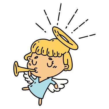 Geleneksel dövme stili trompet üfleyen bir meleğin resmi.