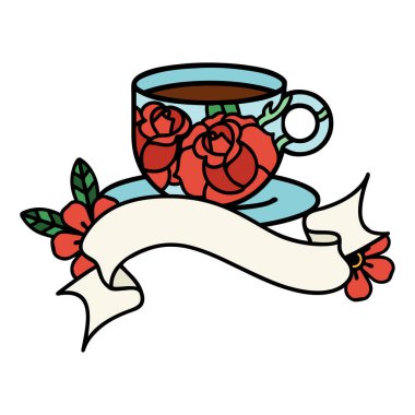 Geleneksel dövmeli, fincanlı ve çiçekli