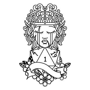 Siyah ve Beyaz Dövme tarzı üzgün elf barbar karakter yüzü D20 ruloyla