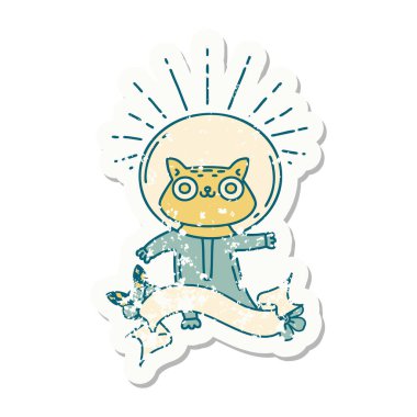 Astronot kıyafetli dövme stili bir kedinin eski çıkartması.