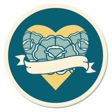 Geleneksel kalp stili dövme çıkartması ve çiçekli pankart.