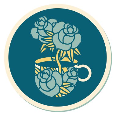 Geleneksel bir fincan ve çiçek stili dövme çıkartması.