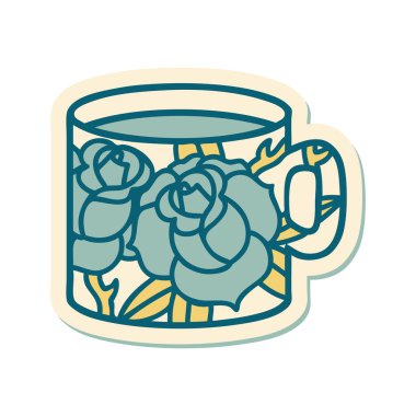 Geleneksel bir fincan ve çiçek stili dövme çıkartması.