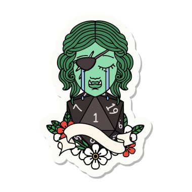 Ağlayan bir Ork karakterinin çıkartması. Yüzünde doğal bir d20 zar var.