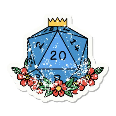 Doğal 20 D20 zarının çiçek elementli grunge sticker 'ı.