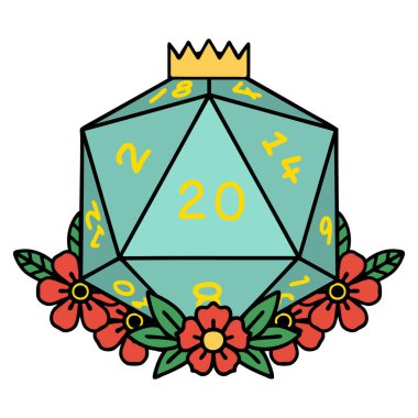 Retro Dövme Biçimi Doğal 20 D20 zarlar Çiçekli elementlerle yuvarlanır