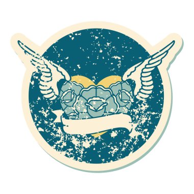 Çiçek ve bayrak taşıyan uçan bir kalbin ikonik kederli dövme görüntüsü