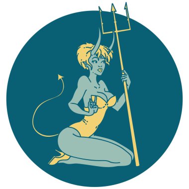 İkonik dövme stili Pinup şeytan kız imajı