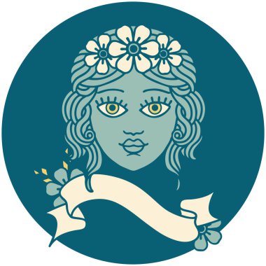 Çiçekten taç takan kadın yüzlü dövme simgesi