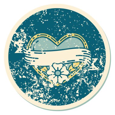 ikonik sıkıntılı dövme stili bir kalp ve çiçekli pankart