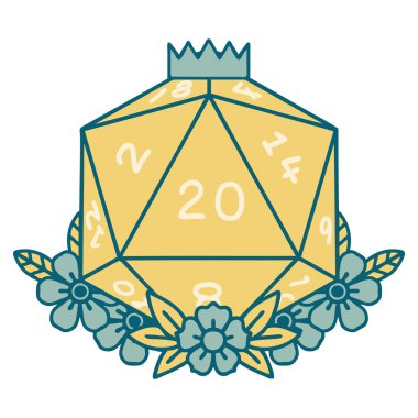 Retro Dövme Biçimi Doğal 20 D20 zarlar Çiçekli elementlerle yuvarlanır