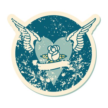 Çiçek ve bayrak taşıyan uçan bir kalbin ikonik kederli dövme görüntüsü