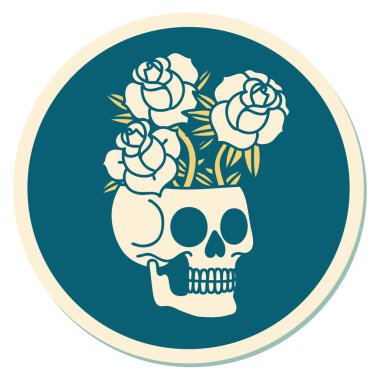 Geleneksel kafatası ve gül stili dövme çıkartması.