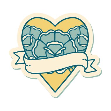 Geleneksel kalp stili dövme çıkartması ve çiçekli pankart.