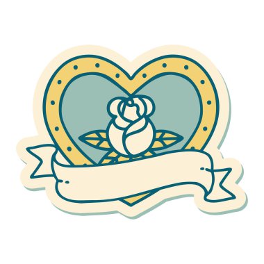 Dövme çıkartması geleneksel tarz bir kalp gülü ve bayrağı 