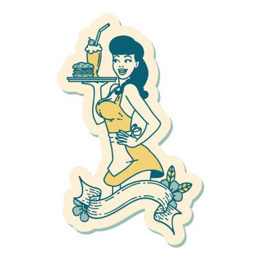 Geleneksel stil dövme çıkartması, pankartı olan garson kız.