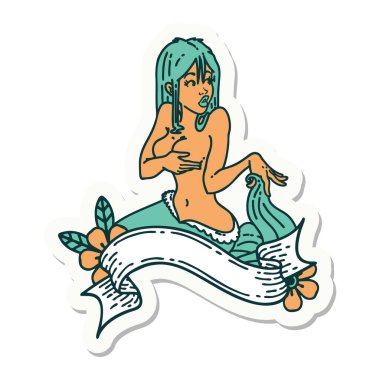 Geleneksel stil dövme çıkartması. Sancaklı bir denizkızı.