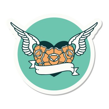 Geleneksel bir dövme stili. Çiçek ve bayrak taşıyan uçan kalp stili.