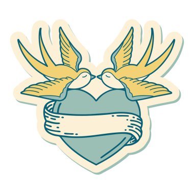 Geleneksel kırlangıç stili dövme çıkartması ve sancaklı bir kalp