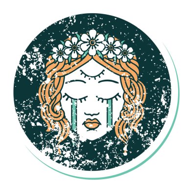 İkonik depresif dövme stili. Üçüncü gözü ve taç takan kadın yüzü.