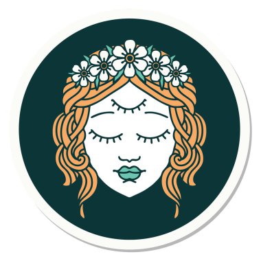 Dövme çıkartması. Geleneksel kadın yüzü stili. Üçüncü göz.