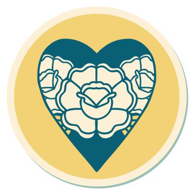 Geleneksel kalp ve çiçek stiliyle dövme çıkartması.