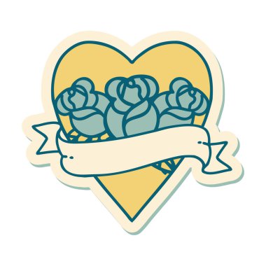 Geleneksel kalp stili dövme çıkartması ve çiçekli pankart.