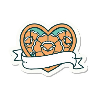 Geleneksel kalp stili dövme çıkartması ve çiçekli pankart.