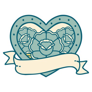 ikonik dövme stili bir kalp ve çiçekli pankart