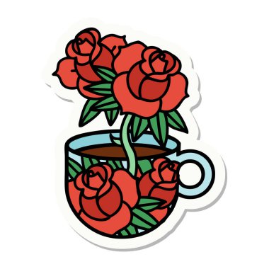 Geleneksel bir fincan ve çiçek stili dövme çıkartması.