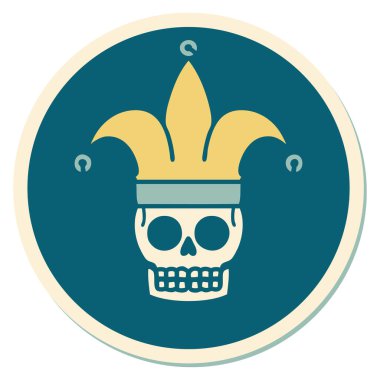 Geleneksel bir kafatası soytarısı stiliyle dövme çıkartması.