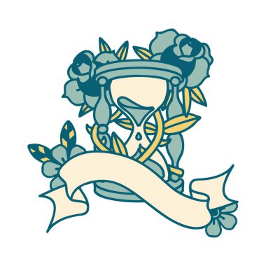 Geleneksel dövmeli, bir saatlik cam ve çiçekli.