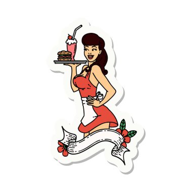 Geleneksel stil dövme çıkartması, pankartı olan garson kız.