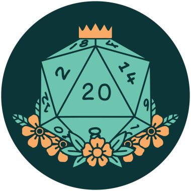 Doğal 20 D20 zarının ikonu çiçek elementleriyle yuvarlanıyor