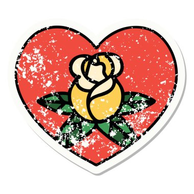 Geleneksel kalp ve çiçek stili dövmeli sıkıntılı etiket