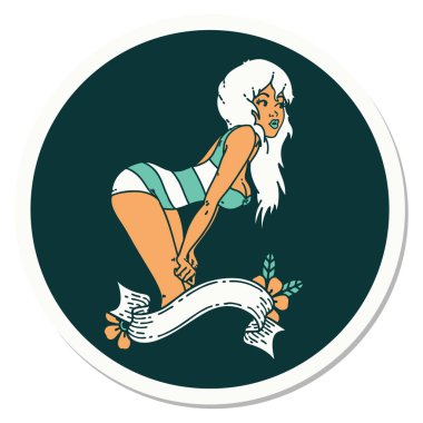 Geleneksel stil dövme çıkartması. Yüzme kostümlü, pankartlı bir kız.