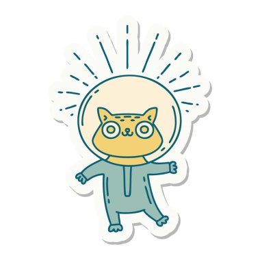 Astronot kostümlü dövme stili bir kedinin çıkartması.