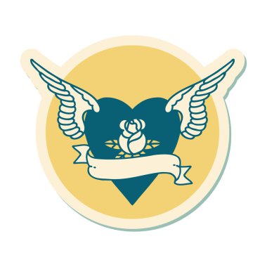 Geleneksel kalp tarzında bir dövme çıkartması. Kanatlı ve sancaklı.