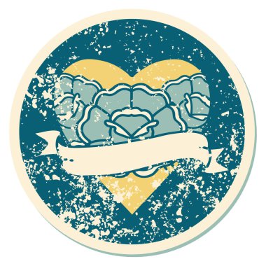 ikonik sıkıntılı dövme stili bir kalp ve çiçekli pankart