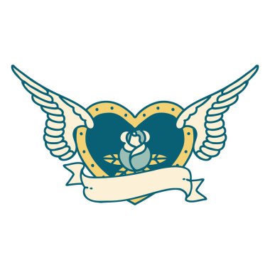 Çiçek ve bayrak taşıyan uçan bir kalbin ikonik dövme görüntüsü