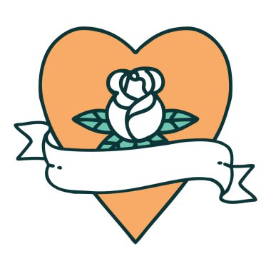 İkonik dövme tarzı bir kalp gülü ve bayrağının görüntüsü 