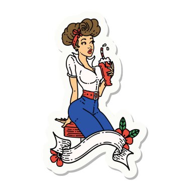 Geleneksel stil dövmeli bir kız milkshake içiyor.