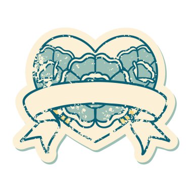 ikonik sıkıntılı dövme stili bir kalp ve çiçekli pankart