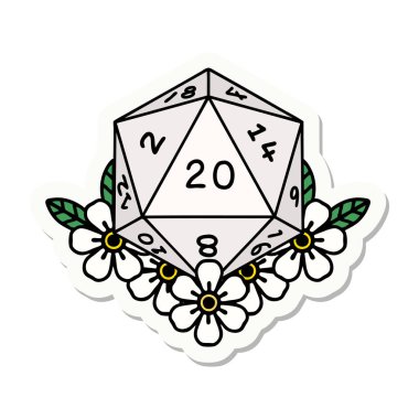 Doğal bir 20 D20 zarının çıkartması. Çiçekli elementlerle birlikte.
