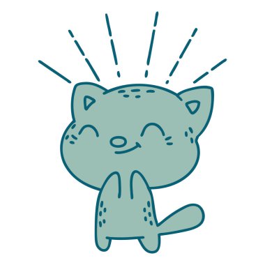 Geleneksel dövme stili mutlu kedinin çizimi