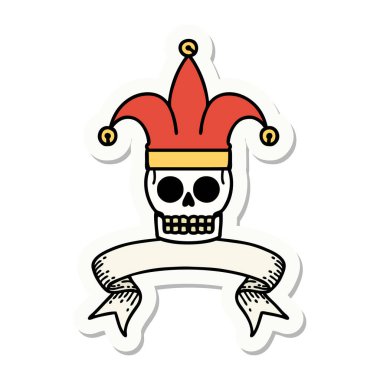 Kafatası soytarısı pankartlı dövme stili.