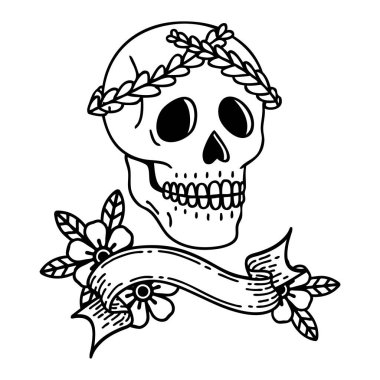 Geleneksel siyah çizgili dövme. Üzerinde defne çelengi taç olan bir kafatası dövmesi var.