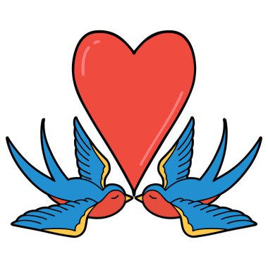 Kırlangıç ve kalp şeklinde geleneksel bir dövme.